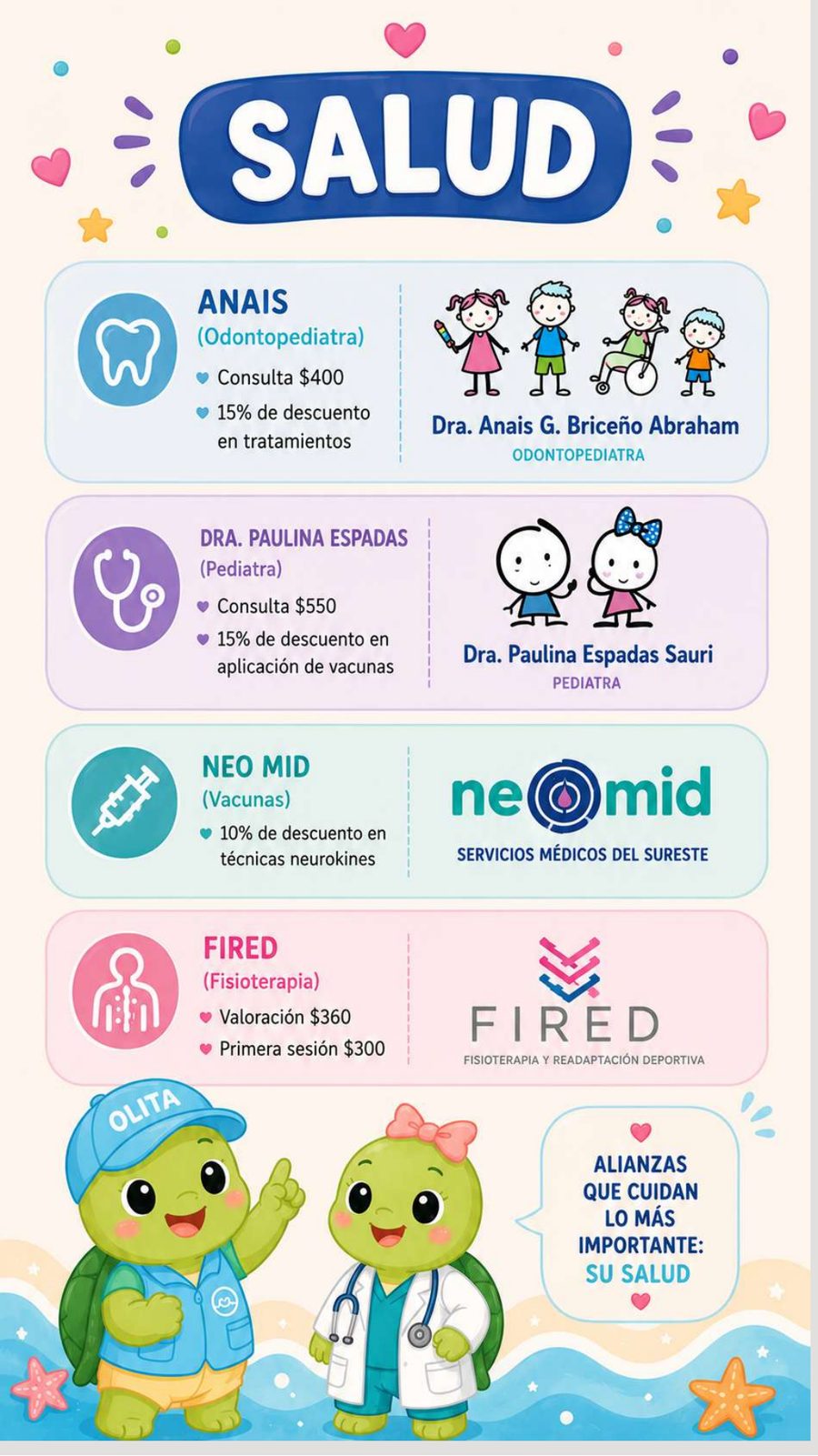 Salud: odontopediatra, pediatra, vacunas y fisioterapia