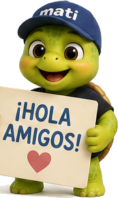 Mati, la tortuguita de Olita, sostiene un letrero que dice ¡Hola amigos!